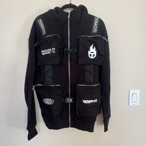 Tenaciti World Wide Black Hoodie Streetwear Zipper Pockets Size Large NWT